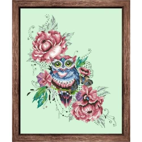 Flower Owl cross stitch kits rose pattern 18ct 14ct 11ct light green fabric cotton thread DIY embroidery kit for beginners