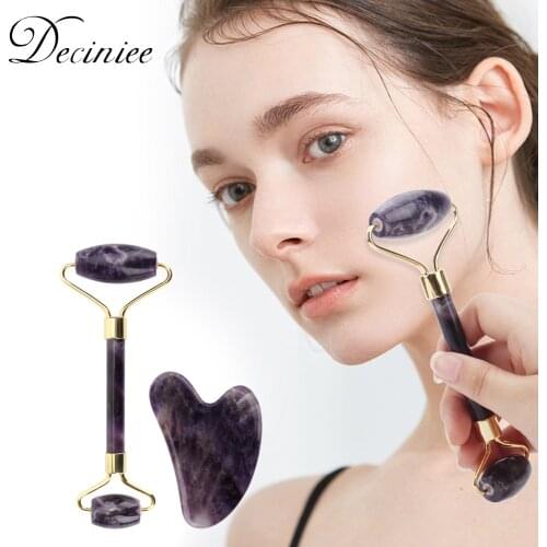 Real Natural Amethyst Jade Roller Gua Sha Set for Skin Care Face Roller Dark Circles Facial Roller for Skin Neck Face Massager