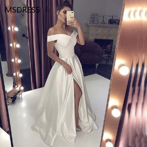 Sexy V Neck Long White Prom Dresses With High Split Elegant A-line Off the Shoulder Special Occasion Formal Evening Gowns 2019