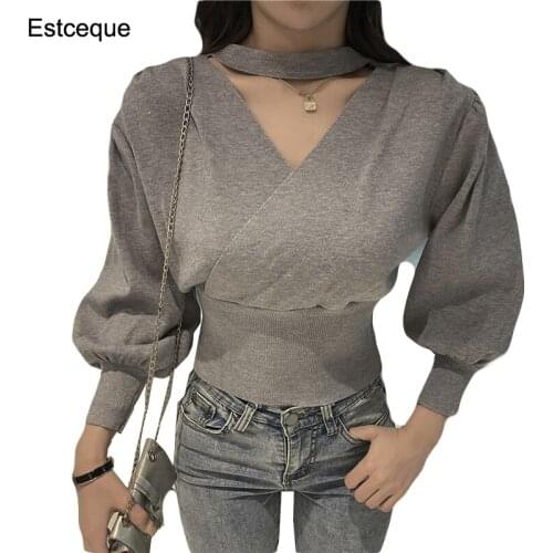 Women V-neck Sexy Sweater Winter Slim Short Knitted Sweater Women Solid Lantern Sleeve Tops Female 2020