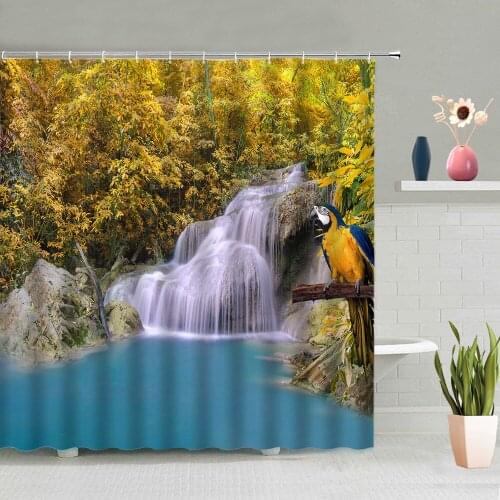 Waterfall Scenery Shower Curtain Green Bamboo Forest Plants Flowers Seagull Parrot Bathtub Decoration Screens Washable With Hook
