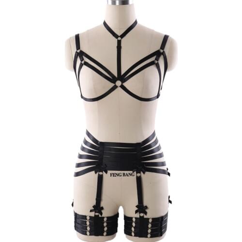 BODY HARNESS Bondage Garter Belt Body Harness Set Black Adjust Sexy Lingerie Harajuku Goth Fetish Pole Dance Wear Cage Bra