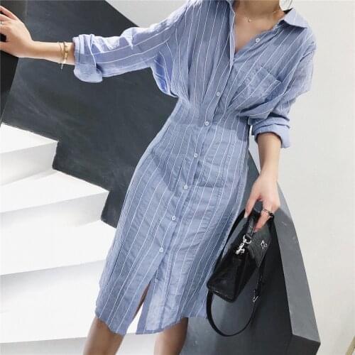 New 2021 Autumn Women Shirt Dress Striped Lapel Single-Breasted High Waist Slim Casual Dress