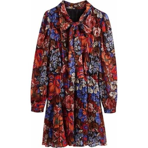 New Pop Women Dress Printed Bow-neck Long Sleeves Metallic Thread Vintage Luxurious Mini Dress for Women