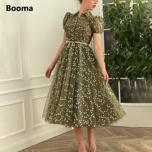 Booma Vintage Green Daisy Tulle Prom Dresses Short Sleeves Buttoned Midi Prom Gowns Ribbons Tea-Length Wedding Party Dresses