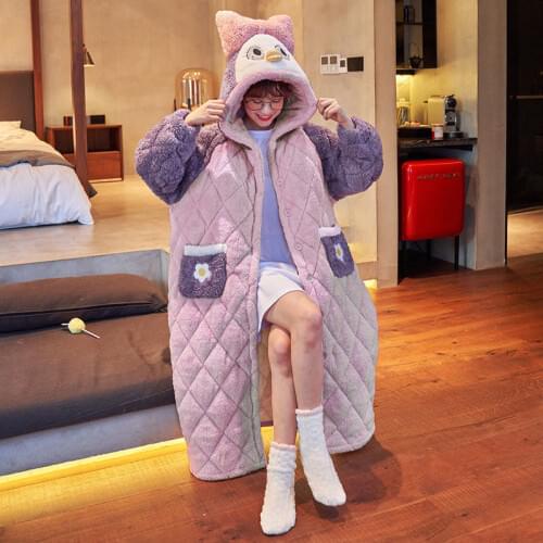 Winter Pajamas Womens Nightgown Coral Fleece Three-layer Quilted Thick Sleepwear Warm Cotton Jacket Home Service Night Gown