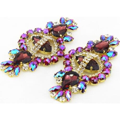 1PCS Deep purple shiny crystal with Gold metal base for women fashion clothese decorations Blue candy shape rhinetone applique