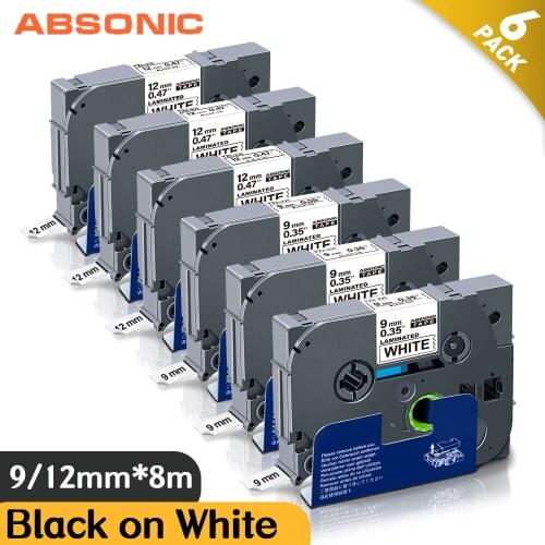 Absonic 6PCS Black on White TZe-221 TZe-231 9mm/12mm Printer Ribbon for Brother P-touch TZe 221 tz231 Standard Adhesive Tapes