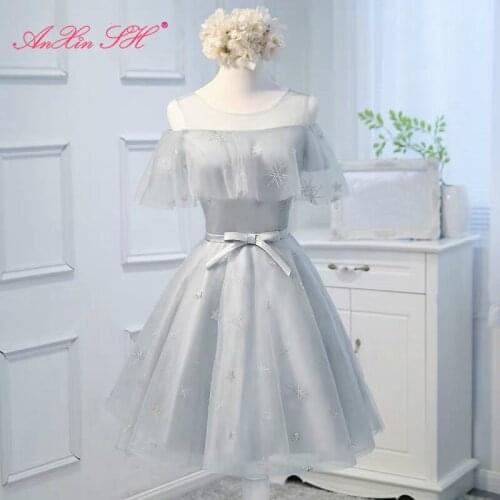 AXJFU princess grey lace o neck Bridesmaid Dress fashion illusion bow sparkly star a line Bridesmaid Dress little grey dress