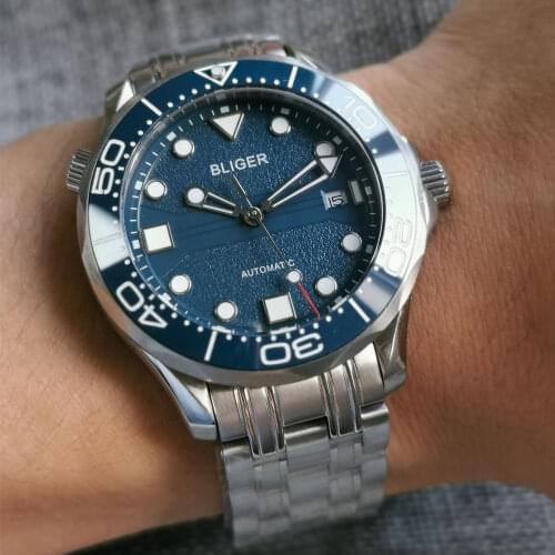 BLIGER New Blue/Black Steel 41mm Mechanical Wristwatch Men Mental Bracelet Date MIYOTA 8215 Screw Back