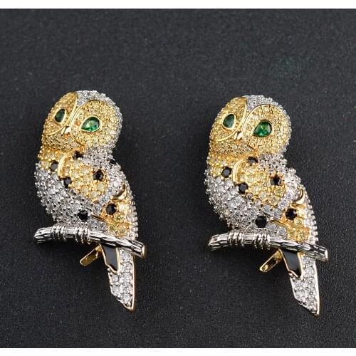 45x18mm Cubic Zirconia 24 K Gold Plated Owl Brooch Pin - Bird CZ Brooch Animal Jewelry