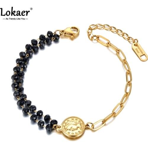 Lokaer Vintage Elizabeth Queen Coin Charm Bracelets Titanium Stainless Steel Black Crystal & Pearl Chain & Link Jewelry B21030