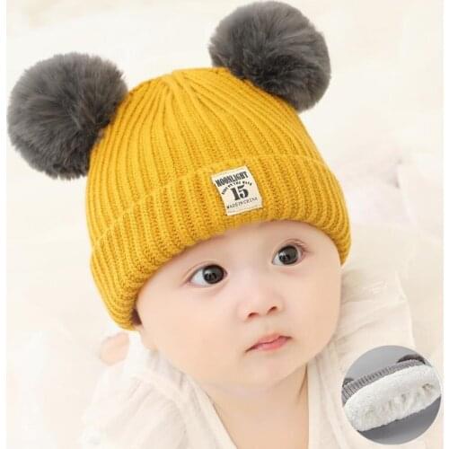 0-3 Years Old Baby Wool Hat Cute Autumn and Winter Velvet Knitted Hat Double Ball Childrens Ear Protection Cotton-Padded Cap