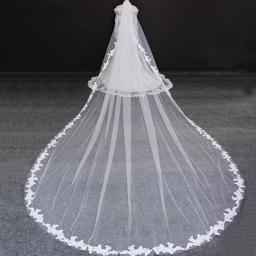 Long 5 Meters Lace Edge Wedding Veil with Comb One Layer 5M White Ivory Bridal Veil Voile Mariage Welon