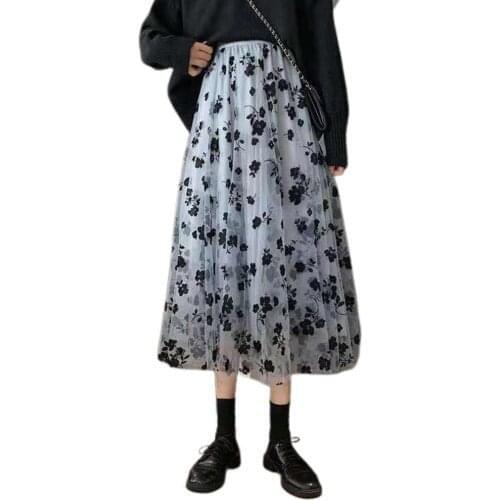 Long skirts Womens High-waisted skirt Slim Mesh Floral Pattern Pleated A-line womens skirts fashion 2021