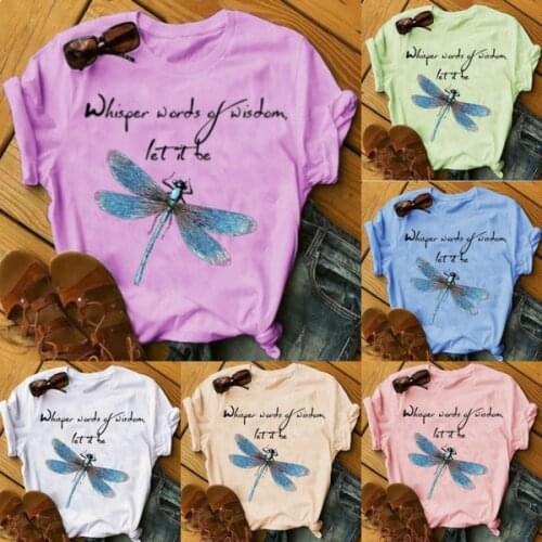 Dragonfly Kawaii Print T Shirt Women Fashion T-shirt Graphic Cute Flower Tshirt Let It Be Style Top Casual Tees Female