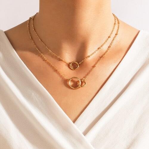 HuangTang Minimalist Hollow Geometric Pendant Necklace for Women Double Layer Gold Color Clavicle Chain Trendy Jewelry 18804