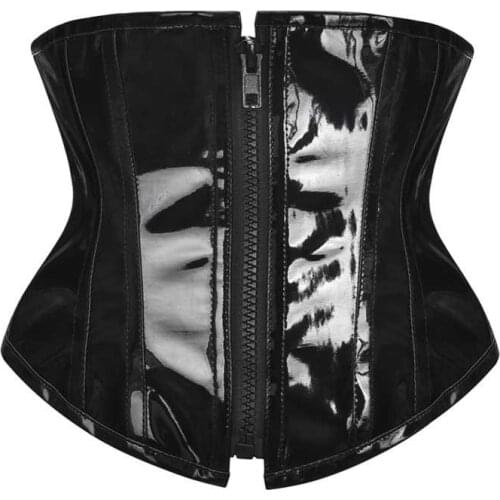 Steampunk Black PU Leather Zipper Corset For Women Gothic Waist Trainer Bustiers Burlesque Ladies Body Shaper Sexy Underbust Top
