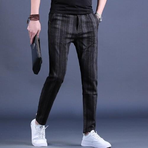 Summer Thin Fashion Striped Jeans Men Black Loose Pencil Pants Korean Style Casual Denim Trousers