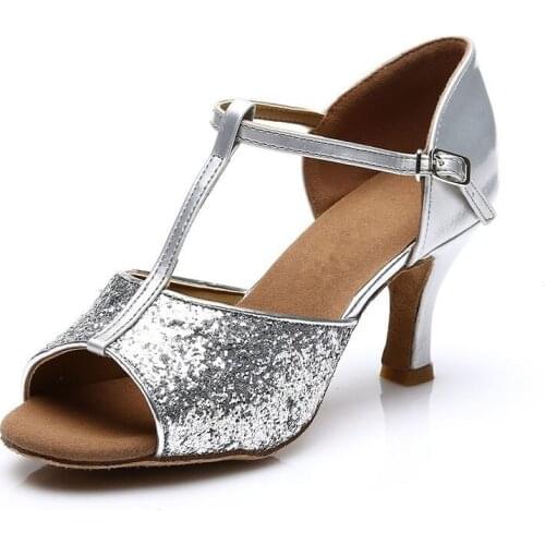 Summer Female Ballroom Latin Dancing Shoes For Women Red Gold Sliver Color High Heel 5cm 7cm Glitter Dance Shoes Hot Selling