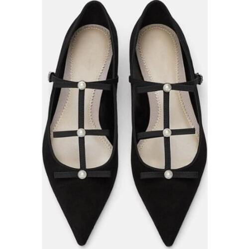 Moraima Snc Spring Newest Woman Shoes Pointed Toe T-strap Flat Shoe Outdoor Pearls Beaded Dress Shoe Black