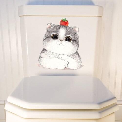 Cartoon Cat With Apple Funny Waterproof PVC Personality Creativity Wall Sticker For Bathroom Door Toilet Home Decor Decal