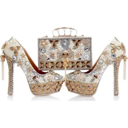 2021 New Luxury Bride Wedding Party Dress Shoes With Bag Women Pearl Crystal Platform High Heels Shiny Ladies Plus Size