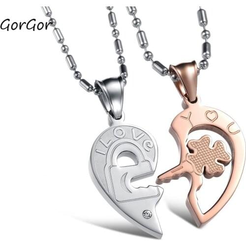 GorGor Necklace Lovers Stainless Steel Pattern Separate Heart Key and Lock Pendant Temperament Romantic Accessories GX553