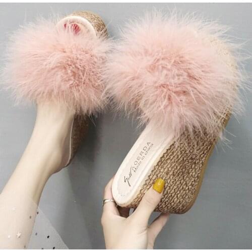 Sweet pink fur platform slippers women all-match long ostrich fur high heels wedges ladies furry slides beach shoes size 40y1041