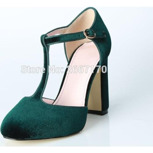 Dropship Cheap New Fashion T-tied Buckle Strap Block High Heels Concise Prom Party Shoes Woman Talon Femme Green Velvet Pumps