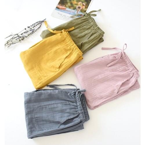 Plus size loose pajamas solid color couple штаны ladies trousers cotton gauze double layer home pants thin simple Sleep pants