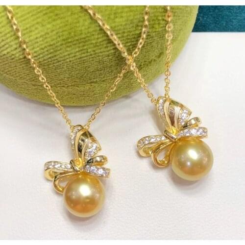 XX105 Solid 925 Sterling Silver Round 11-12mm Fresh Water Golden Pearls Pendants Necklaces for Women Fine Presents