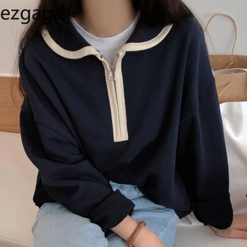 Ezgaga Women Sweatshirt Streetwear Korean Chic 2020 Autumn Turn-Down Collar Zipper Loose Pullover Ladies Tops Fashion Casual