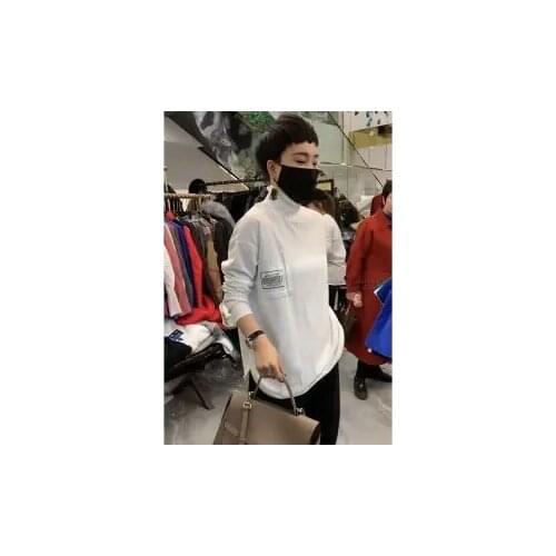 2021 Spring and Autumn New High Neck Long Sleeve Side Labeling Letter Jacket Turtleneck T-shirt Women