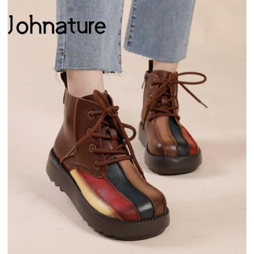 Johnature Ankle Winter Boots Women Shoes Genuine Leather Lace-Up 2021 New Round Toe Mixed Colors Handmade Concise Platform Boots