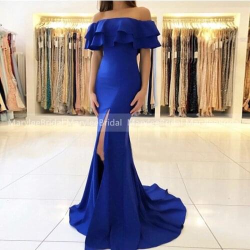 Dark Green High Slit Mermaid Evening Dress Ruffles Boat Neck Royal Blue Robe De Soiree Women Formal Party Dress With Sweep Train