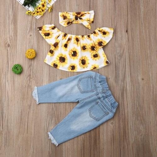 2021 Baby Summer Clothing Fashion Kids Baby Girl Off Shoulder Tops Sunflower Shirt Ripped Denim Jeans 3Pcs Outfits Set 6M-4T