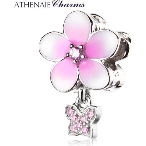ATHENAIE 925 Sterling Silver Magnolia Bloom Pale Cerise Enamel and Pink CZ Butterfly Bead Charms Fit Bracelets & Necklace