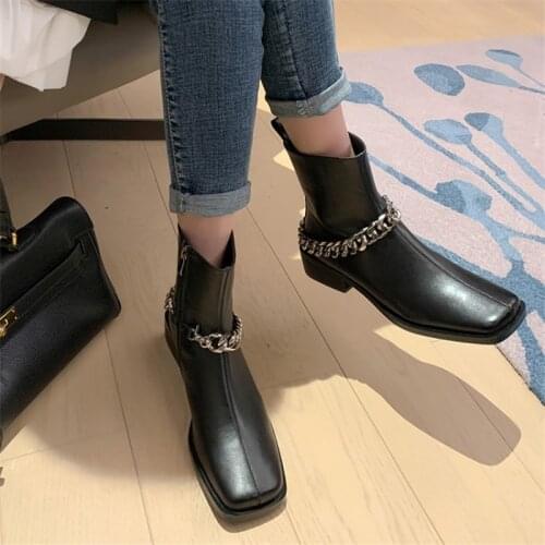 PXELENA Handmade Women Genuine Leather Chain Ankle Boots Med Heel Zip Square Toe 2021 Fall Spring Shoes Motorcycle Biker Booties