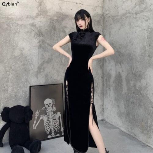 Chinese Traditional Improved Cheongsam Dress National Style Autumn And Winter Split Dress Girl Slim Gothic Dress