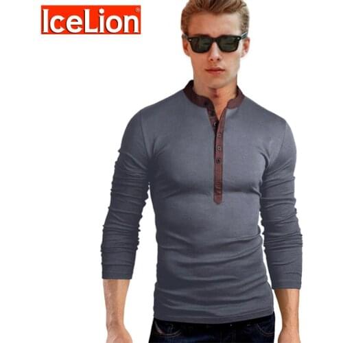 IceLion 2021 Spring Button T Shirt Men Long Sleeve V neck T-shirt Spring Fashion Solid Slim Fit Tshirt Mans Brand Tops Black
