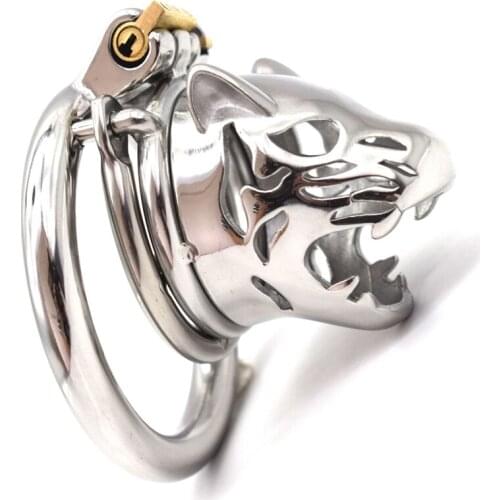 2020 Leopard Head Stainless Steel Male Chastity Device with Anti-Shedding Ring,Penis Rings,Metal Cock Cage,Sex Toys for Men