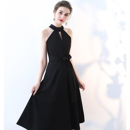 2020 New Black Evening Dress Female Mid-length Banquet Elegant Party Hanging Neck Dress Formal Dresses Evening Gown Formal Dress