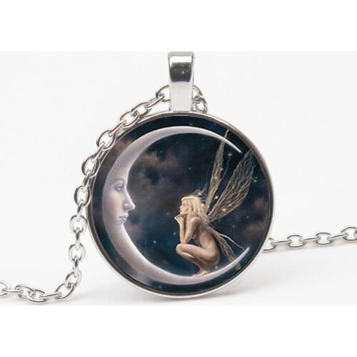 New Gothic Angel Moon Pendant Necklace Personality Pattern Fairy Tale Glass Necklace Pendant Man Woman Jewelry Souvenir Choker