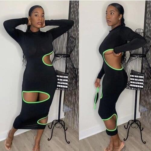 DSMTRC Long Sleeve Bodycon Midi Dress Women 2021 Spring Autumn New Arrival Turtleneck Hollow Out Nightclub Fashion Solid Color