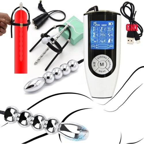 BDSM Strong Electro Shock Metal Bead Anal Plug Electric Stimulate Urethral Catheter Penis Ring Medical Male Chastity Sex Toy Kit