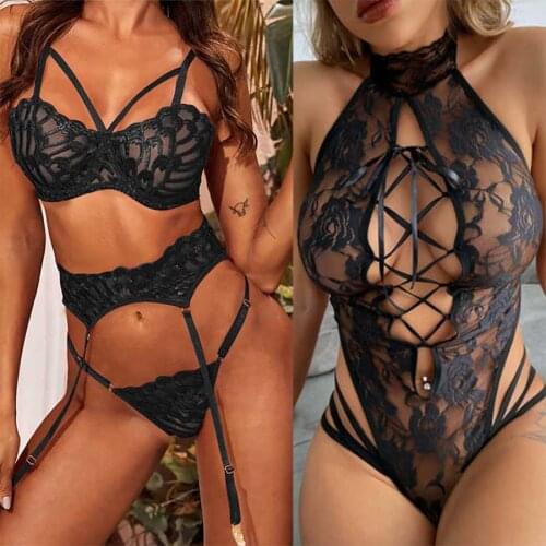 2pcs Sexy Lingerie Womens Bodysuit Teddy Embroidery Bra Set See Through Sexy Underwear Set Erotic G String Garter Bra Set Thong