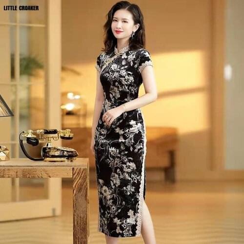 Black Elegrant Cheongsam Traditional Chinese Dress Women Floral Embroidery Silk Qipao Long Sleeve Oriental Vintage Clothing 3XL