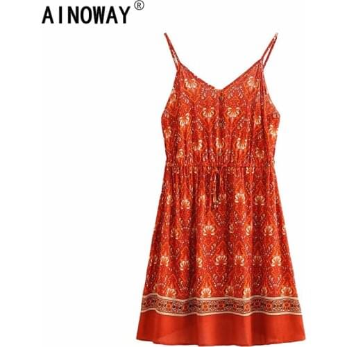 Vintage chic women red floral print sleeveless beach Bohemian happie dress Ladies Strapless rayon Boho dress vestidos