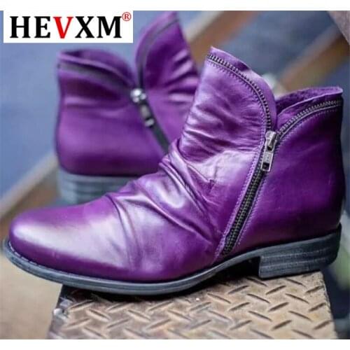 Women PU Leather Ankle Boots Women Autumn Winter Zipper Vintage Women Punk Boots Flat Ladies Shoes Flat Short Snow Boots Mujer